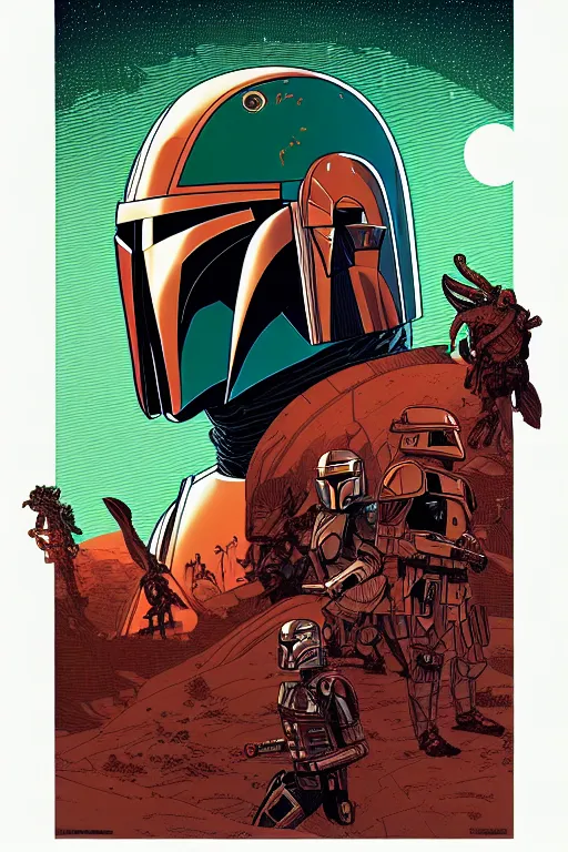 Image similar to closeup potrait of the mandalorian, intricate, volumetric lighting, moebius, geof darrow, frank miller, dan mumford, detailed illustration, digital art, victo ngai, kilian eng, vector art