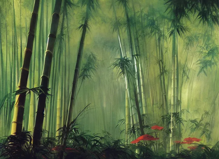 Prompt: bamboo forest, intricate, elegant, highly detailed, vivid colors, john harris, frazetta, tyrus wong, ruan jia, jeffrey catherine jones