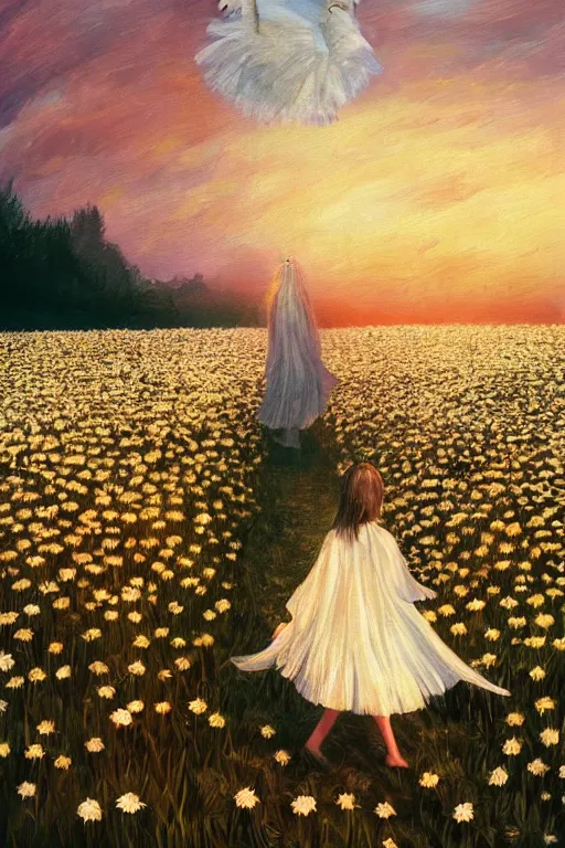 Image similar to giant white daisy flower veil, girl walking in a flower field, surreal photography, sunrise, dramatic light, impressionist painting, colorful clouds, digital painting, artstation, simon stalenhag