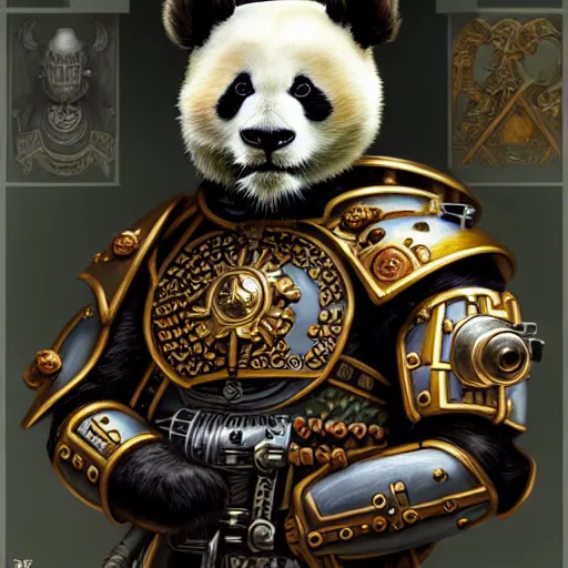 Prompt: full portrait of warhammer 4 0 k panda, fantasy, d & d, intricate, detailed, by by alphonse mucha, adolfo hohenstein, alice russell glenny, stanley artgerm lau, greg rutkowski, detailed, trending on artstation, trending on artstation, smooth