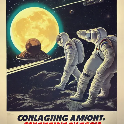 Prompt: propaganda poster for colonizing the moon with astronauts, by bonestell