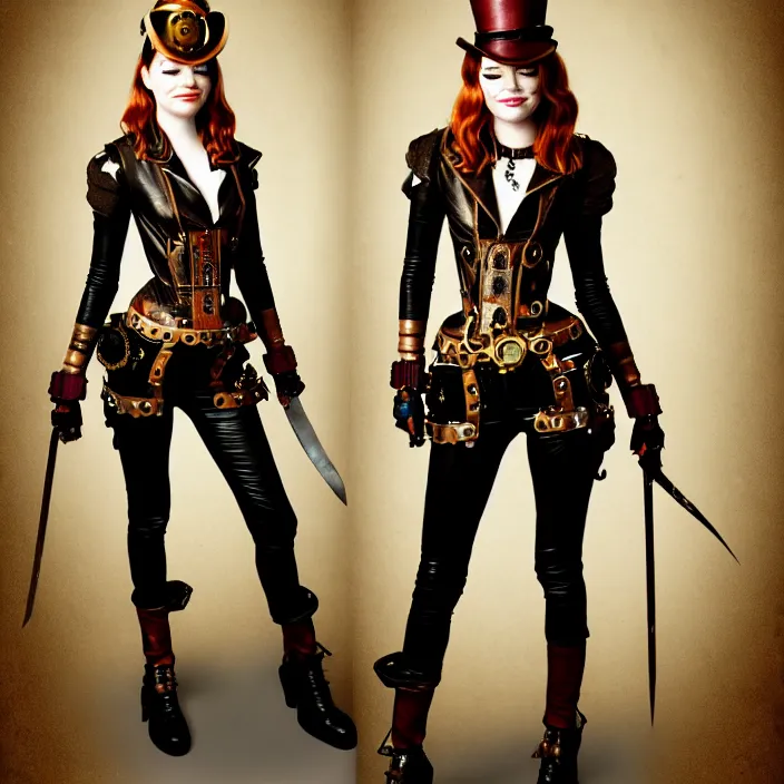 Prompt: full body photograph of emma stone as a steampunk warrior, Extremely detailed. 8k