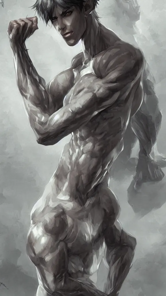 Image similar to a cute calm handsome young adult male muscular slim blu skin elf with grey light tight clothes concept art in the style of lee bermejo and greg rutkowski