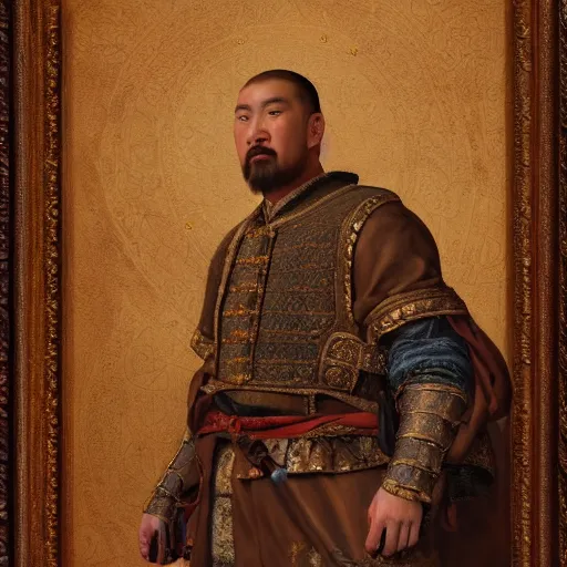 Image similar to Highly detailed and cinematic Renaissance period portrait oil painting Kublai Khan, an oil painting ((masterpiece)) by ((Josep Tapiró Baró)), dynamic lighting, 8K