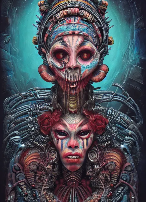 Prompt: queen of hearts, aztec god, alien, highly detailed, cinematic, 8 k, by megan duncanson, benjamin lacombe, adrian borda, stanley artgermm, tom bagshaw, craig mullins, carne griffiths, ayami kojima, beksinski, giger, trending on deviantart, hyper detailed, horror, full of colour