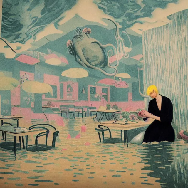 Image similar to tall female emo artist holding a pig in a flooded cafe, octopus, water gushing from ceiling, painting of flood waters inside a cafe, a river flooding indoors, pomegranates, pigs, ikebana, water, octopus, river, rapids, waterfall, black swans, canoe, berries, acrylic on canvas, surrealist, by magritte and monet