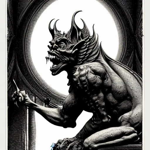 Image similar to gargoyle portrait soft light, by bernie wrightson and joe fenton, inspired victorian, etching, fine, sharp high detail, duotone screen print,