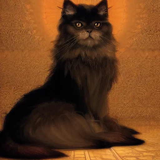 Image similar to Persian Cat, dark light night, intricate, elegant, sharp focus, illustration, highly detailed, digital painting, concept art, matte, art by WLOP and Artgerm and Greg Rutkowski and Alphonse Mucha, masterpiece