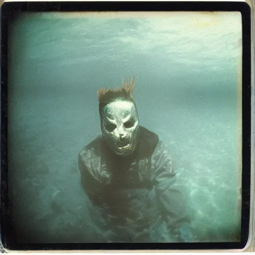 Image similar to slipknot, dark, murky water, underwater, old polaroid, expired film,