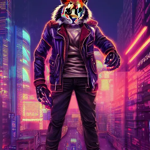 Prompt: a beautfiul award winning commission portrait of an anthro tiger in the neon cyberpunk city at night,wearing a leather jacket,glow effect,detailed face,photorealistic,character design by charles bowater,ross tran,deviantart,artstation,digital art,hyperdetailed,realistoc,western comic style,vfx,dramatic