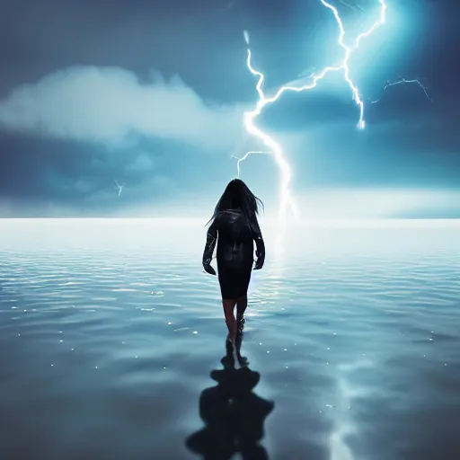 Prompt: girl walking on water, lightning, walking on water, scenic, dark cloudy background, lightning strikes, lightning bolts, shocking, 8k, artstation