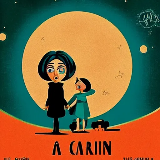 Image similar to “1950s art deco of the movie ‘Coraline’ under planets and stars in the background, retro poster, teal palette.”