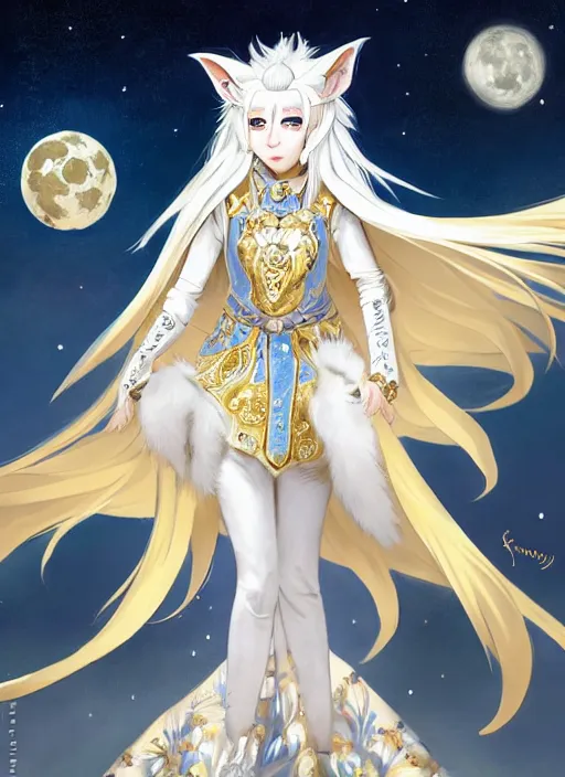 Image similar to commissioned full body portrait of a female anthro wolf princess fursona with white hair wearing a white and gold Chinese armored dress in a white and gold palace on a starry night with a large crescent moon, by a professional manga illustrator, Stanley Artgerm Lau, WLOP, Rossdraws, James Jean, Andrei Riabovitchev, Marc Simonetti, and Sakimichan, trending on artstation