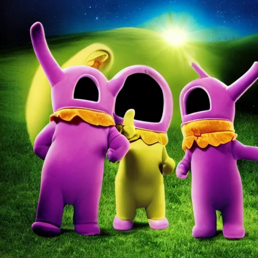 Prompt: Teletubbies-vampires with TV-set instead of Head