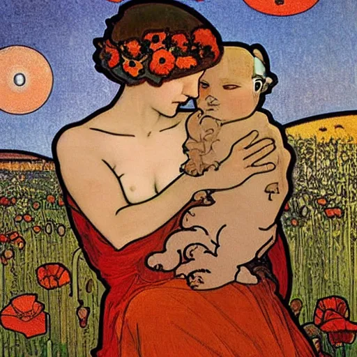 Image similar to a masterpiece painting by mucha exposed at the louvre : black cat cuddling a racoon in a poppy field with a red sunset in the background