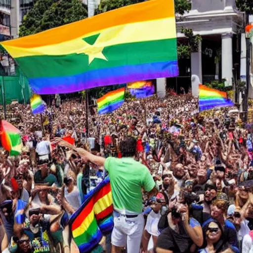 Image similar to photograph of president jair bolsonaro waving a rainbow flag at a pride parade