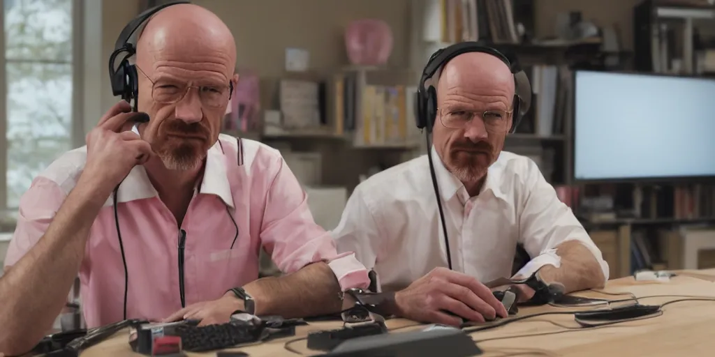 Image similar to walter white wearing pink headphones and sitting at his desk gaming, incredibly detailed, sharp focus, hyper realistic, sony 3 5 mm lens