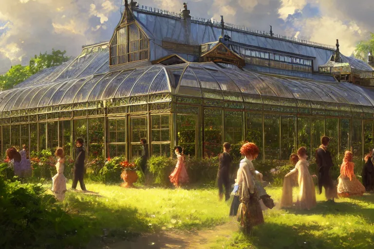 Image similar to an ornate victorian greenhouse, party in front, scene in an open field. 1 8 9 0, key visual, conceptart, ambient lighting, highly detailed, digital painting, artstation, concept art, sharp focus, by makoto shinkai and akihiko yoshida and greg manchess