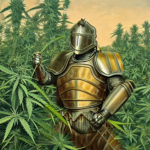Image similar to a detailed oil painting of a full armored knight, dancing in a field of cannabis plants