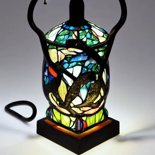 Image similar to a lamp in the shape of a cat with black accents designed by louis comfort tiffany