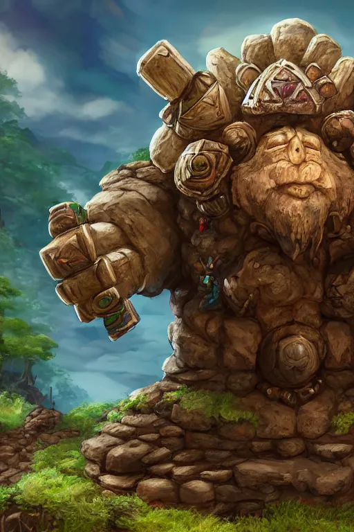 Image similar to zelda fantasy art giant golem troll wood rock greeble gemstone, global illumination ray tracing hdr fanart arstation by sung choi and eric pfeiffer and gabriel garza and casper konefal