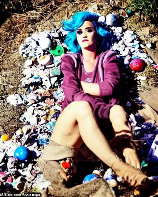 Prompt: Candid photo of homeless Katy Perry in tattered rags sitting in a pile of discarded marbles