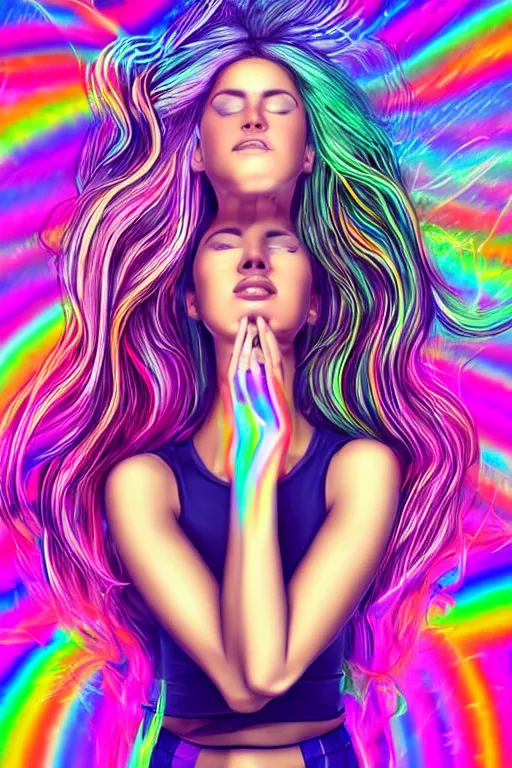 Image similar to a award winning half body portrait of a beautiful woman with stunning eyes in a croptop and leggings with rainbow colored ombre hairstyle head in motion and hair flying while dancing by thomas danthony, surrounded by whirling illuminated lines, outrun, vaporware, shaded flat illustration, digital art, trending on artstation, highly detailed, fine detail, intricate