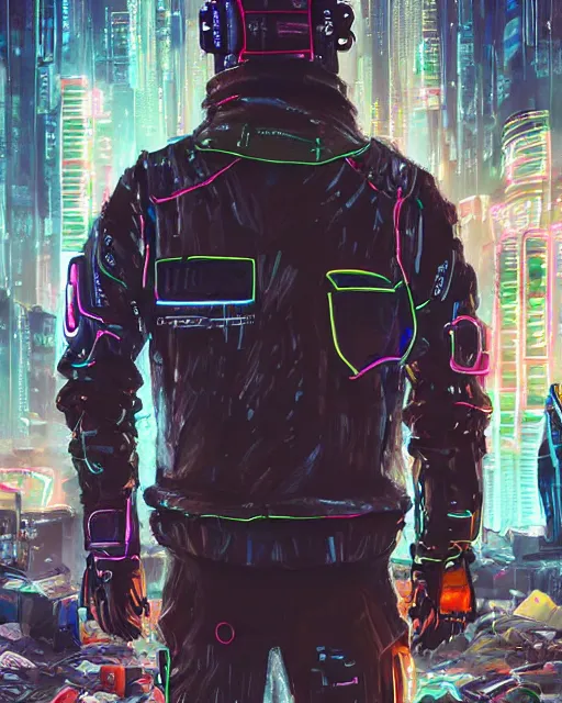 Image similar to detailed portrait neon guard man with short brown hair seen from the back, cyberpunk futuristic, reflective puffer jacket, black leggings, decorated with traditional ornaments in front of a dystopian crowd with piles of garbage perfect face, fine details, realistic shaded, fine - face, pretty face by rossdraws