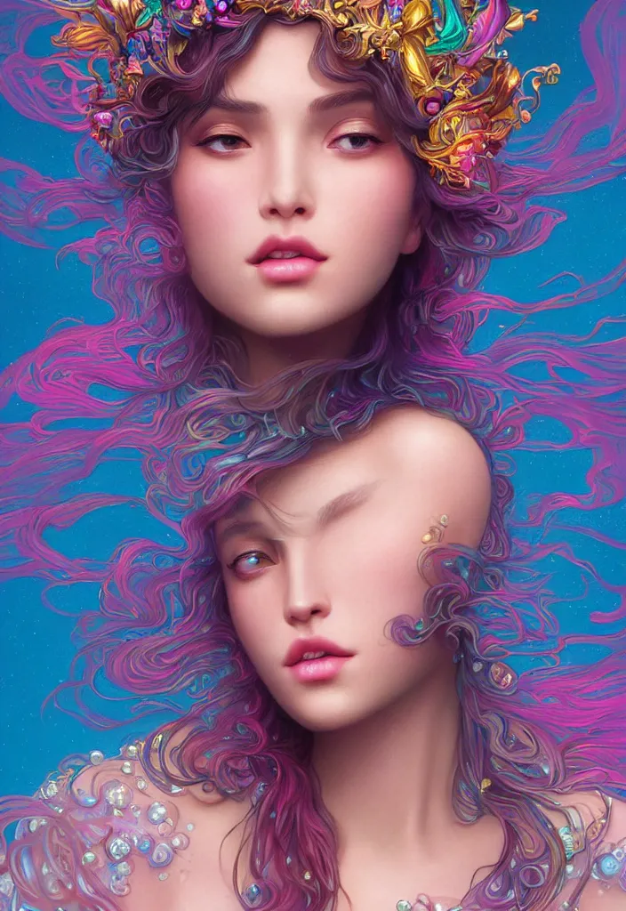 Prompt: beautiful, young woman, detailed gorgeous face, vaporwave aesthetic, synthwave, colorful, psychedelic, water droplets, feathers, crown, artstation, concept art, smooth, extremely sharp detail, finely tuned detail, ultra high definition, 8 k, unreal engine 5, ultra sharp focus, illustration, art by artgerm and greg rutkowski and alphonse mucha