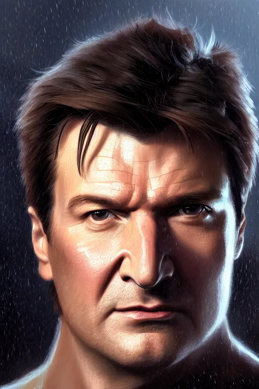 Image similar to ultra detailed close up facial portrait of nathan fillion, extremely detailed digital painting, in the style of fenghua zhong and ruan jia and jeremy lipking and peter mohrbacher, mystical colors, rim light, beautiful lighting, 8 k, stunning scene, raytracing, octane, trending on artstation