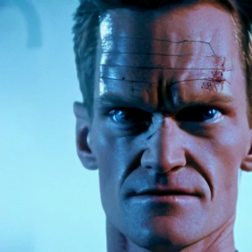 Image similar to neil patrick harris as the terminator, 4 k hd film still, terminator, red eye, cyborg