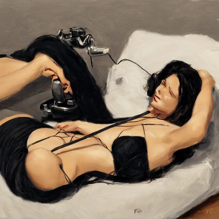 Image similar to Ground Level Shot, long shot of a beautiful dark haired woman wearing a black dress, laying on her back on a bed, holding old telephone hand peice with twisted cable by fabian perez