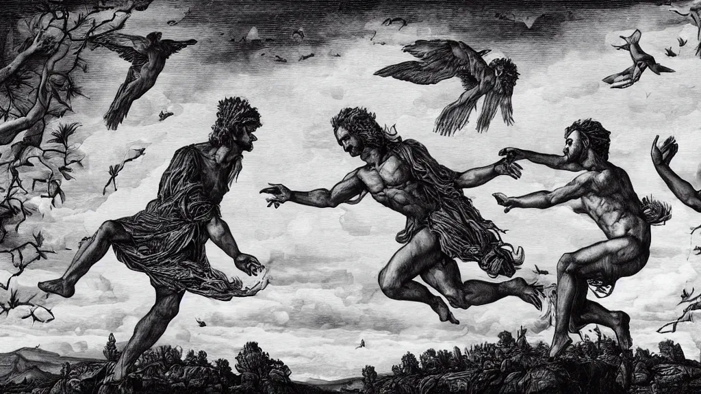 Image similar to the creation of adam in the style of dan hillier