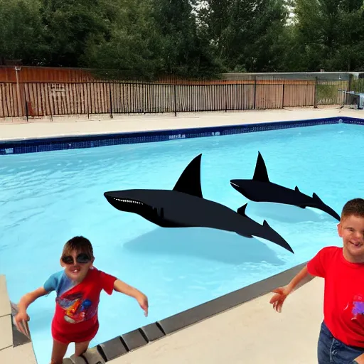 Image similar to full size mechanical sharks in a pool with children