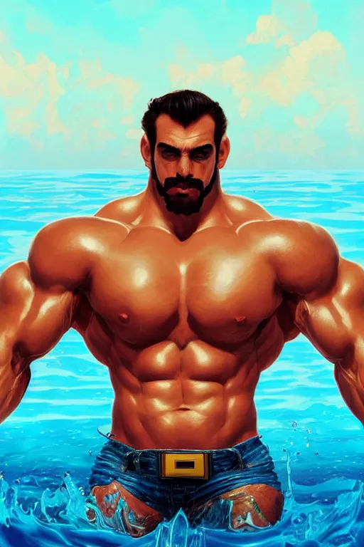 Image similar to gigachad luigi bodybuilder in the ocean by ilya kuvshinov, ernest khalimov body by krista sudmalis, super mario bros symmetrical face concept art, hyper realistic, intricate, elegent, highly detailed, digital painting, concept art, smooth, sharp, focus, illustration, art by artgerm and greg rutkowski and alphonse mucha, artstation