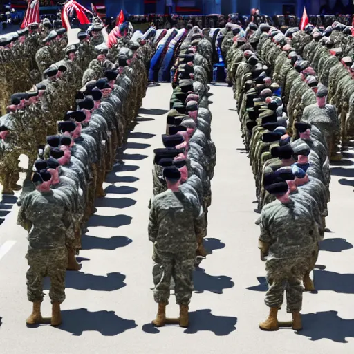 Image similar to a military parade doing goose steps while holding giant keyboards, 4 k photography