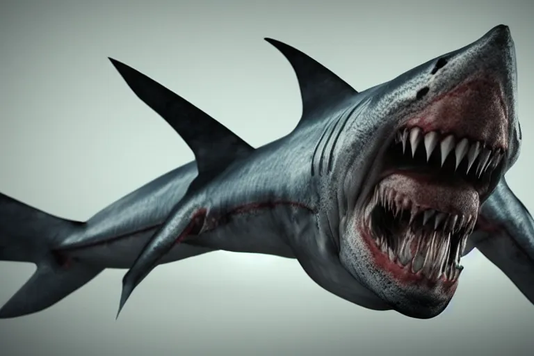 Prompt: half human half shark made of muscles and flesh, very angry, teeth, ambient light, terror, glows, realistic, photo - realism, hyper realism, picture, detailed, 3 d render, scary, distant shot, in the distance,