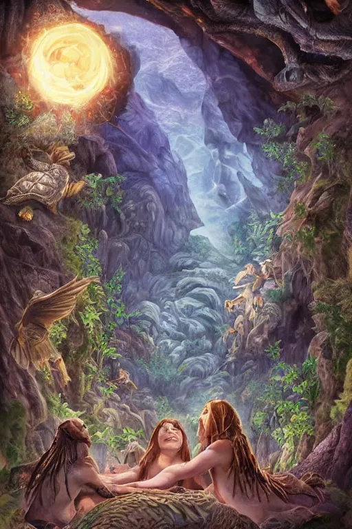 Image similar to A fantasy book style portrait painting of the Great Turtle Island at the center of the Universe, accompanied by a hybrid of, Anya_Taylor-Joy, Cory Chase, as a Mystical Valkyrie, Anubis-Reptilian, Atlantean Warrior, Cozy, hotspring hidden in a Cave, candlelight, towels, cushions, natural light, lush plants and flowers, elegant, smooth cave rock, fantasy, atmospheric lighting, digital painting, François Boucher, Oil Painting, Crisp clear resolution, unreal 5, DAZ, hyperrealistic, octane render, Regal, Refined, Detailed Digital Art, RPG portrait, William-Adolphe Bouguereau, Michael Cheval, Walt Disney (1937), Steampunk, Volumetric Golden dappled dynamic lighting, Highly Detailed, Cinematic Lighting, Unreal Engine, 8k, HD