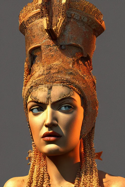 Prompt: the Greek godess Hera looking angry, rusty armor, portrait, 3D render