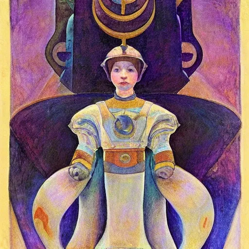 Image similar to the little robot queen in her regalia, by annie swynnerton and alayna danner and diego rivera and nicholas roerich, symbolist, dramatic lighting, elaborate geometric ornament, smooth, sharp focus, extremely detailed, adolf wolfli, soft pastel colors