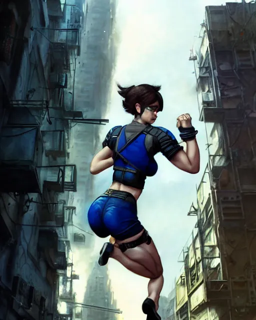 Image similar to gigachad jill valentine bodybuilder jumping from a building fighting in racoon city, fantasy character portrait, ultra realistic, anime key visual, full body concept art, intricate details, highly detailed by greg rutkowski, ilya kuvshinov, gaston bussiere, craig mullins, simon bisley