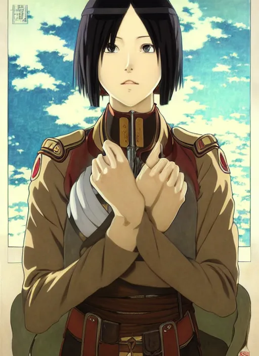 Image similar to portrait of mikasa from aot in odm gear, highly detailed, high quality, digital painting, by studio ghibli and alphonse mucha, leesha hannigan, hidari, art nouveau, chiho aoshima, posuka demizu