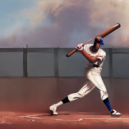 Image similar to baseball player hitting the ball with the baseball bat in the middle of the game and in front of everyone in the stadium, james gurney painting style, greg rutkowski, artstation