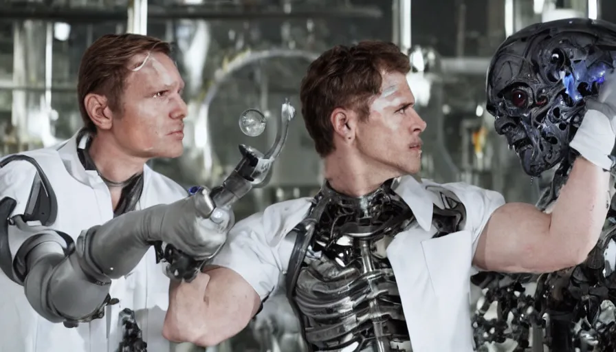 Prompt: big budget action movie about science lab, where a battle cyborg bloodily rips off a scientist's head