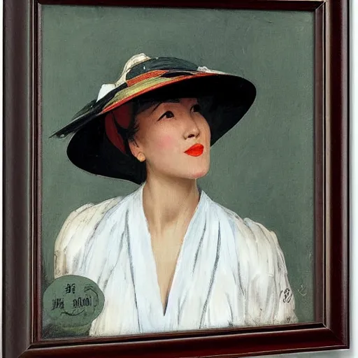 Prompt: woman wearing a chinese hat, by j. c. leyendecker