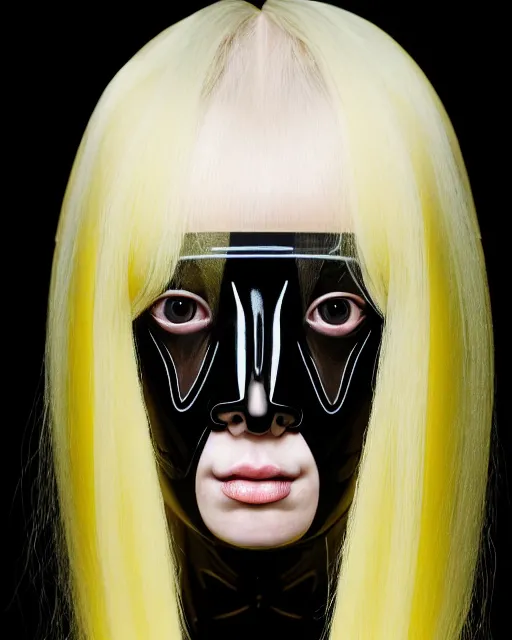 Prompt: symmetrical portrait of a woman wearing a translucent silicone beauty mask and yellow hair, wearing a black bodysuit by alexander mcqueen, black background, soft diffused light, biotechnology, humanoide robot, bjork aesthetic, translucent, by rineke dijkstra, intricate details, highly detailed, masterpiece,