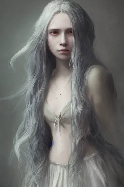 Image similar to a fancy portrait of a young female teenager with long white hair by greg rutkowski, sung choi, mitchell mohrhauser, maciej kuciara, johnson ting, maxim verehin, peter konig, bloodborne, 8 k photorealistic, cinematic lighting, hd, high details, dramatic, dark atmosphere, trending on artstation