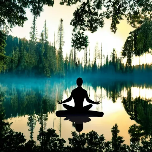 Image similar to meditating man hovering above a clear blue lake in a clearing in the middle of an evergreen forest at dawn