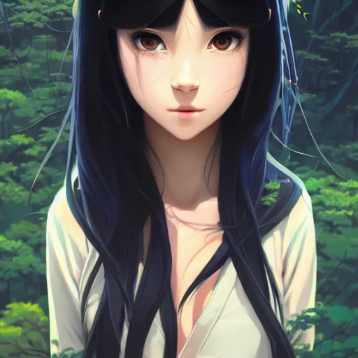 Image similar to a beautiful girl with long dark hair, wearing a ninja uniform, forest background, intricate, highly detailed, digital painting, artstation, official media, anime key visual, concept art, rich vivid colors, ambient lighting, sharp focus, illustration, art by Artgerm, Makoto Shinkai, Ilya Kuvshinov, Lois Van Baarle, and Rossdraws