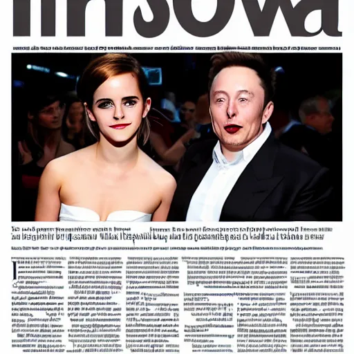 Prompt: emma watson and elon musk on a local newspaper caught kissing